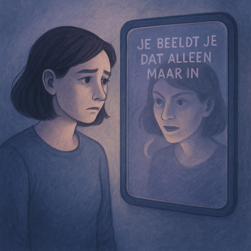 vrouw die in de spiegel kijkt met negatieve boodschap