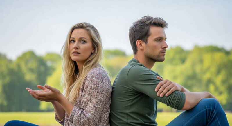 relatie, mensen die met ruggen tegen elkaar aanzitten, liegen of achterhouden?