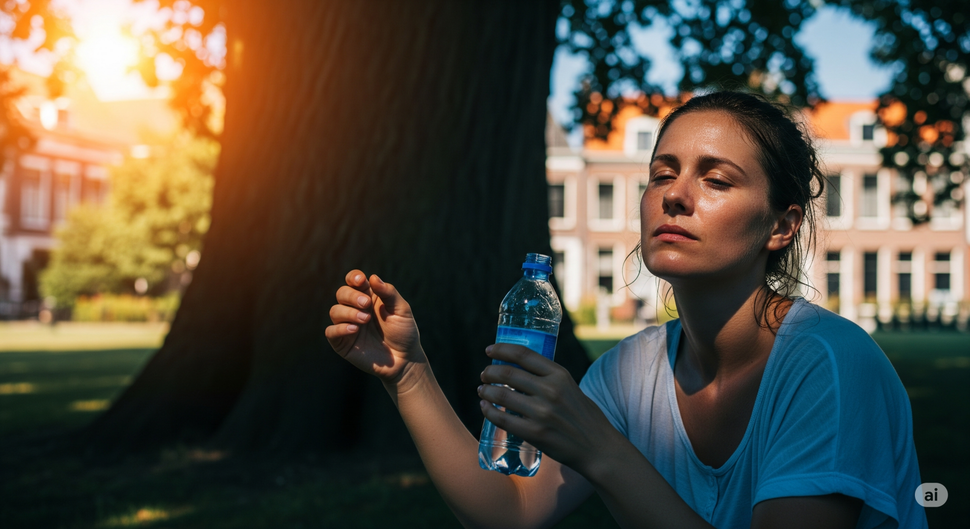 een vrouw met flesje water onder een boom die zweet vanwege de hitte