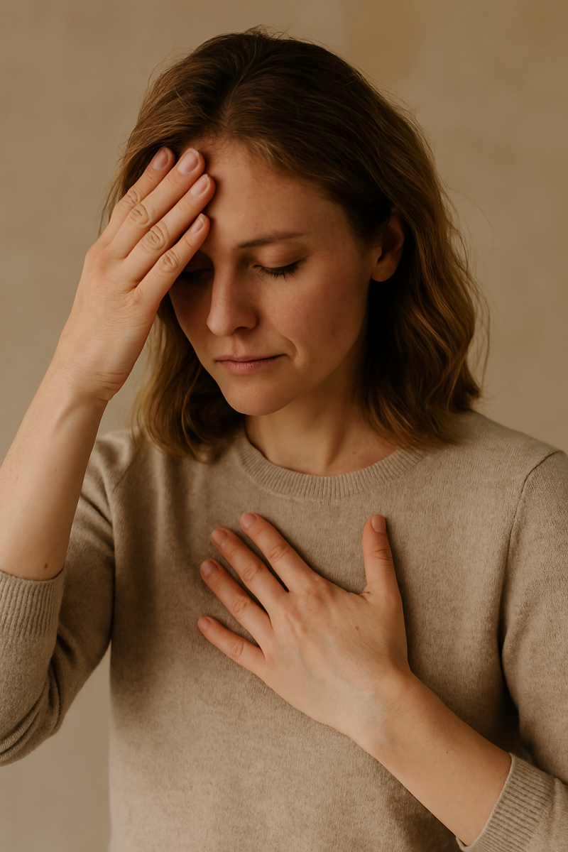 een vrouw die hoofd en hart aanraakt, in verbinding zijn