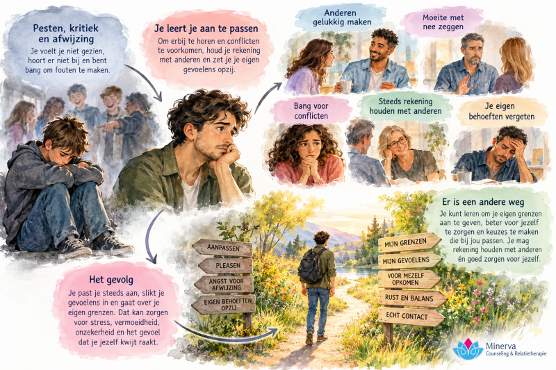 Aquarel infographic over pleasen en grenzen aangeven. Laat zien hoe pesten en afwijzing kunnen leiden tot jezelf aanpassen, angst voor conflicten en moeite met nee zeggen.