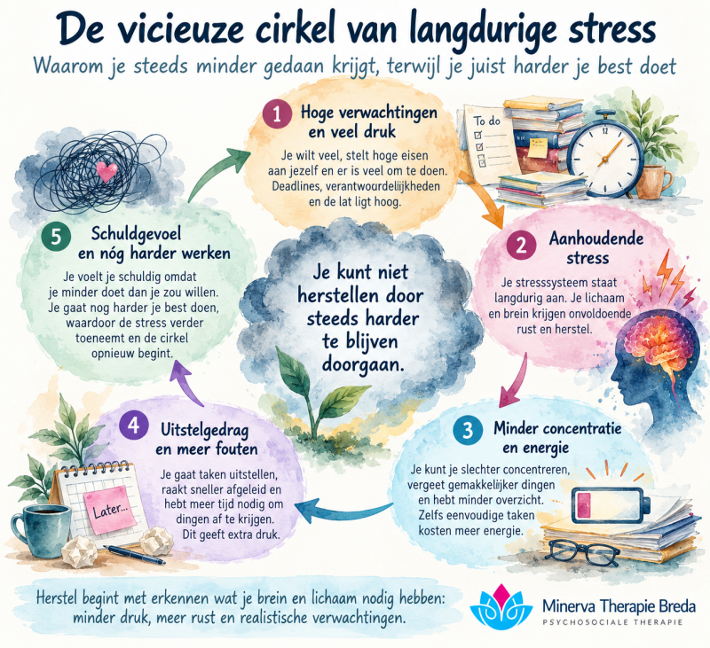 Infographic over de vicieuze cirkel van langdurige stress. Ontdek hoe hoge verwachtingen, aanhoudende spanning, concentratieproblemen, uitstelgedrag en schuldgevoel elkaar versterken. Minerva Therapie Breda.