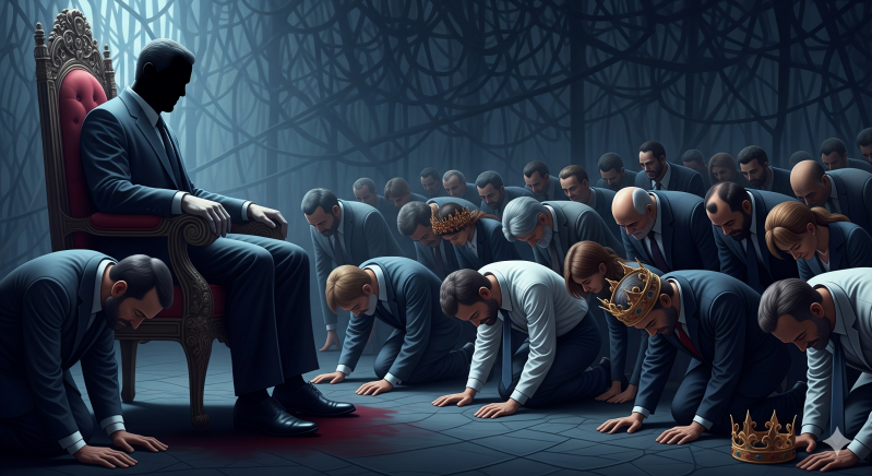 allen buigen voor de machtige man in de stoel, koningen, koninginnen