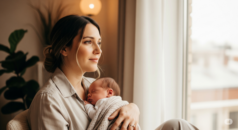 nieuwe moeder die haar pasgeboren kindje vasthoudt