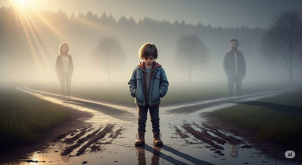 Een kind staat op een kruispunt in een mistig landschap, met aan elke kant een ouderfiguur die in de verte vervaagt. Het kind kijkt naar beneden, handen in de zakken, schaduwen lang en zacht. De kleuren zijn gedempt, met warme lichtstralen die door de mis