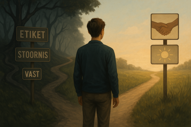 een man op een splitsing tussen stoornis denken en relationeel denken