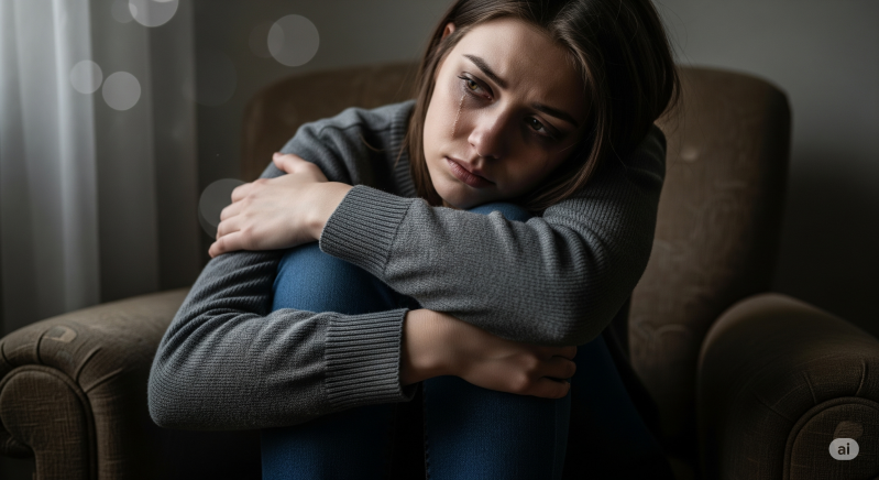 vrouw die in elkaar gedoken in een stoel zit