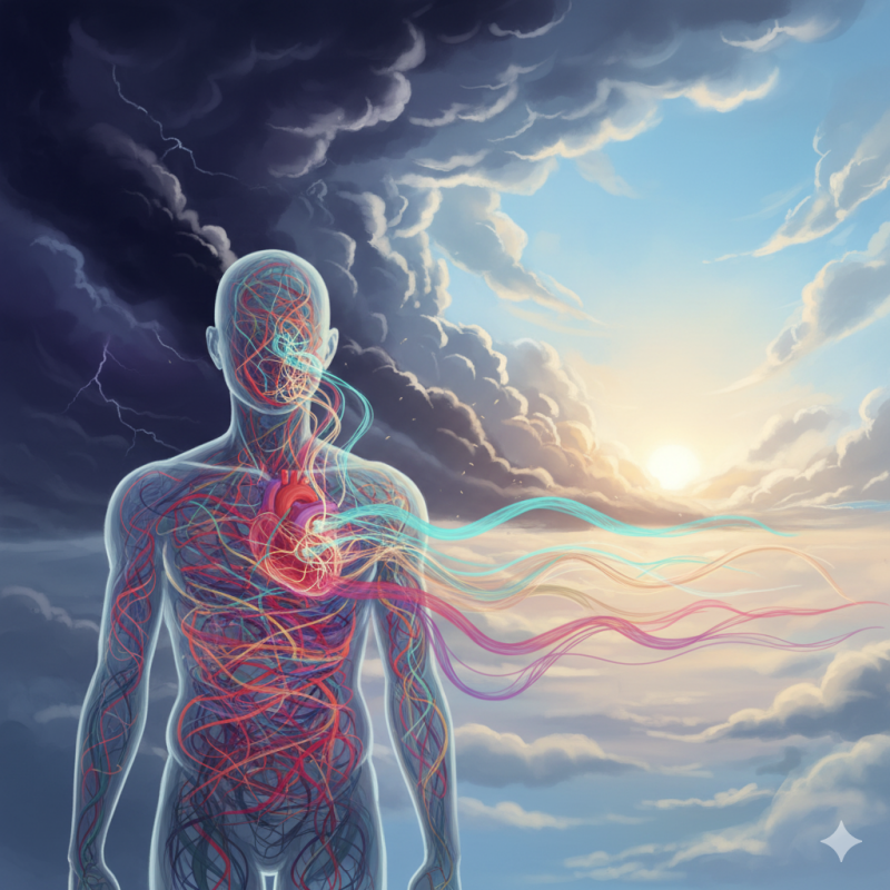 Een surrealistische, symbolische illustratie van een menselijk lichaam dat vol zit met gekleurde draden of energiebanen die strak gespannen staan (stress), terwijl sommige draden langzaam losser en zachter worden. Op de achtergrond een overgang van een st