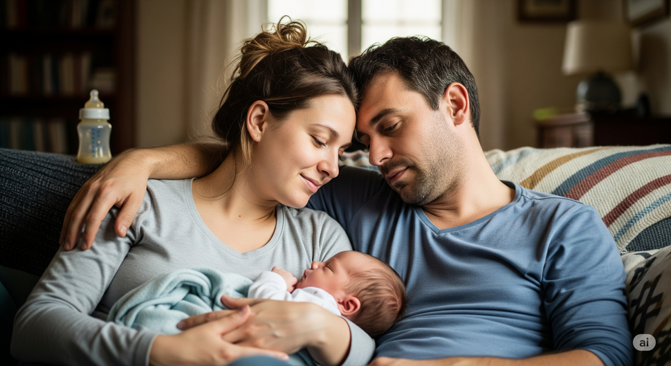 Een jonge moeder en vader zitten samen op de bank met hun pasgeboren baby. Ze zien er liefdevol uit maar ook een beetje moe. De sfeer is intiem en warm, in een realistisch fotografische stijl. Geen perfecte glamour, maar een echte, herkenbare thuissituati