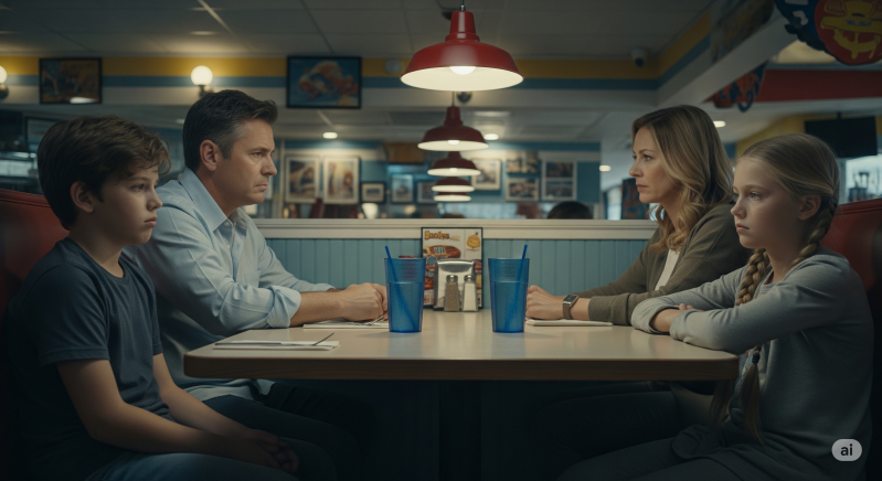 gezin in restaurant waar partners en kinderen zwijgend met ruzie in restaurant zitten