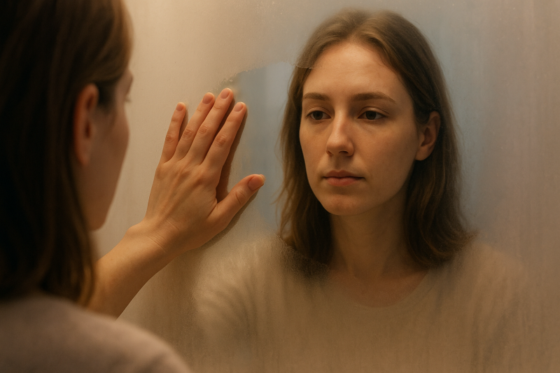 Preventieve mentale gezondheid, een vrouw die in de spiegel kijkt; zelfreflectie