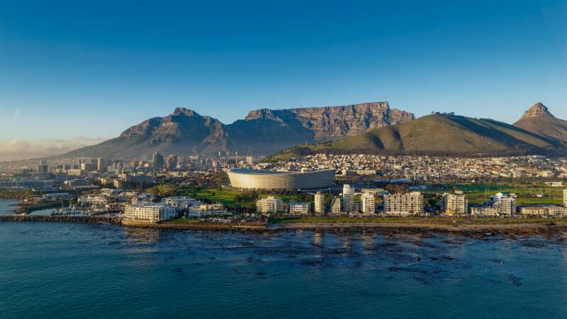 Helicopter view from Capetown with the stadium and Table Mountain, Signal Hill and Devil's Peak in South Africa