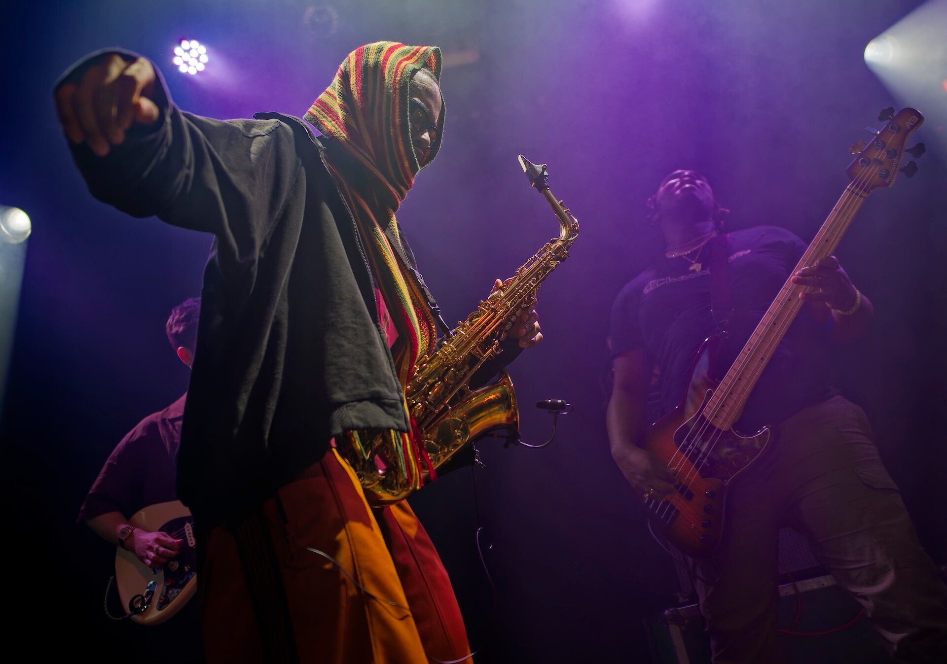 Potrait of Brittish Saxaphone Player  Venna playing live with his band at Biiterzoet Amsterdam 