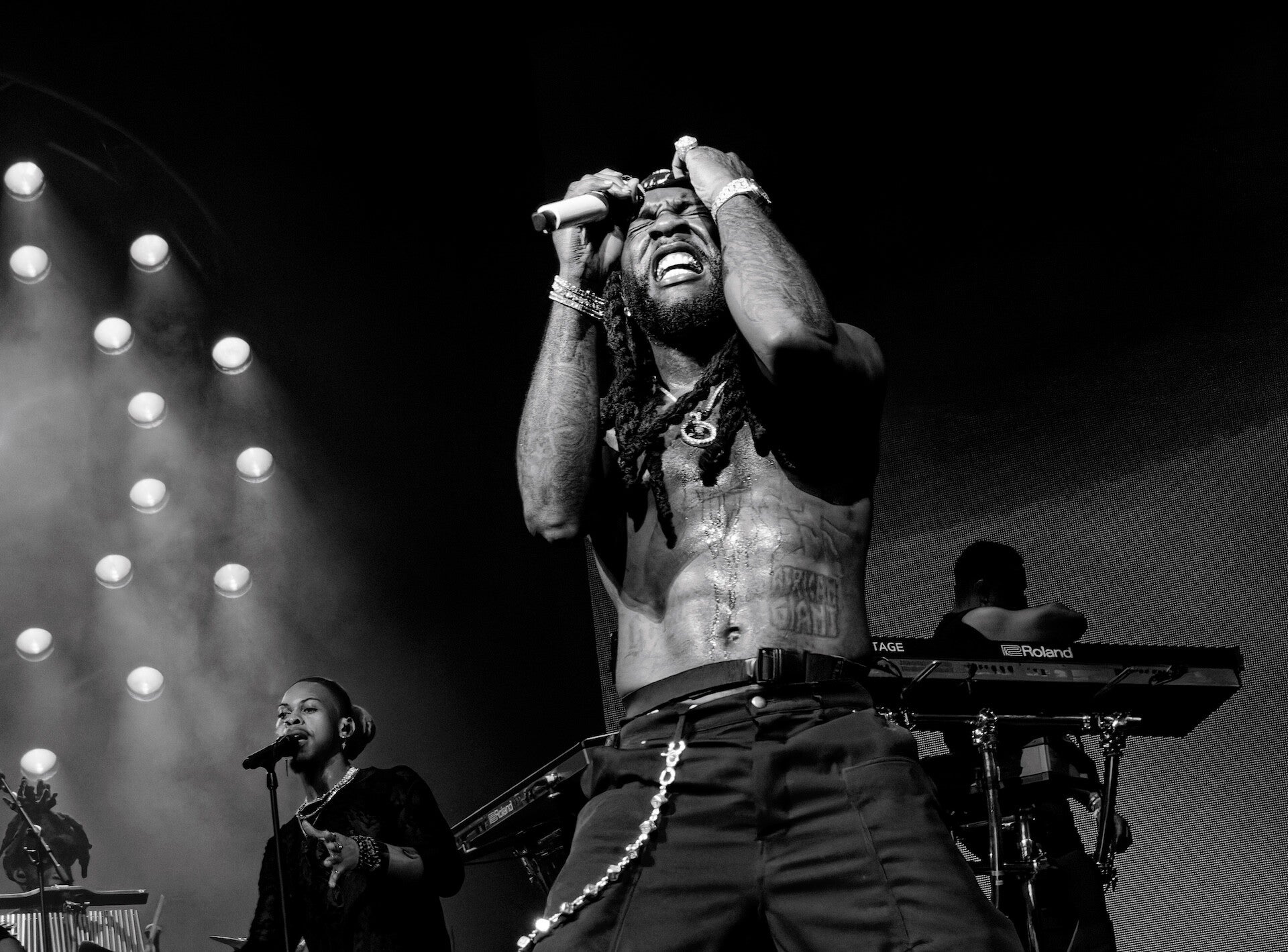 Striking portrait photo in black and white of Burna Boy  during his concerrt ant North Sea Jazz festival 2026
