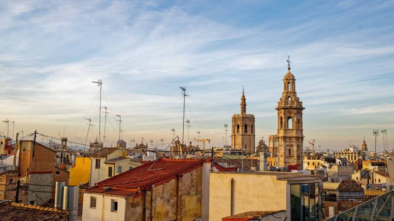 A picture that shows the some roofs and church towers in the old town,  Ciudad Vella of Valenciain Spain