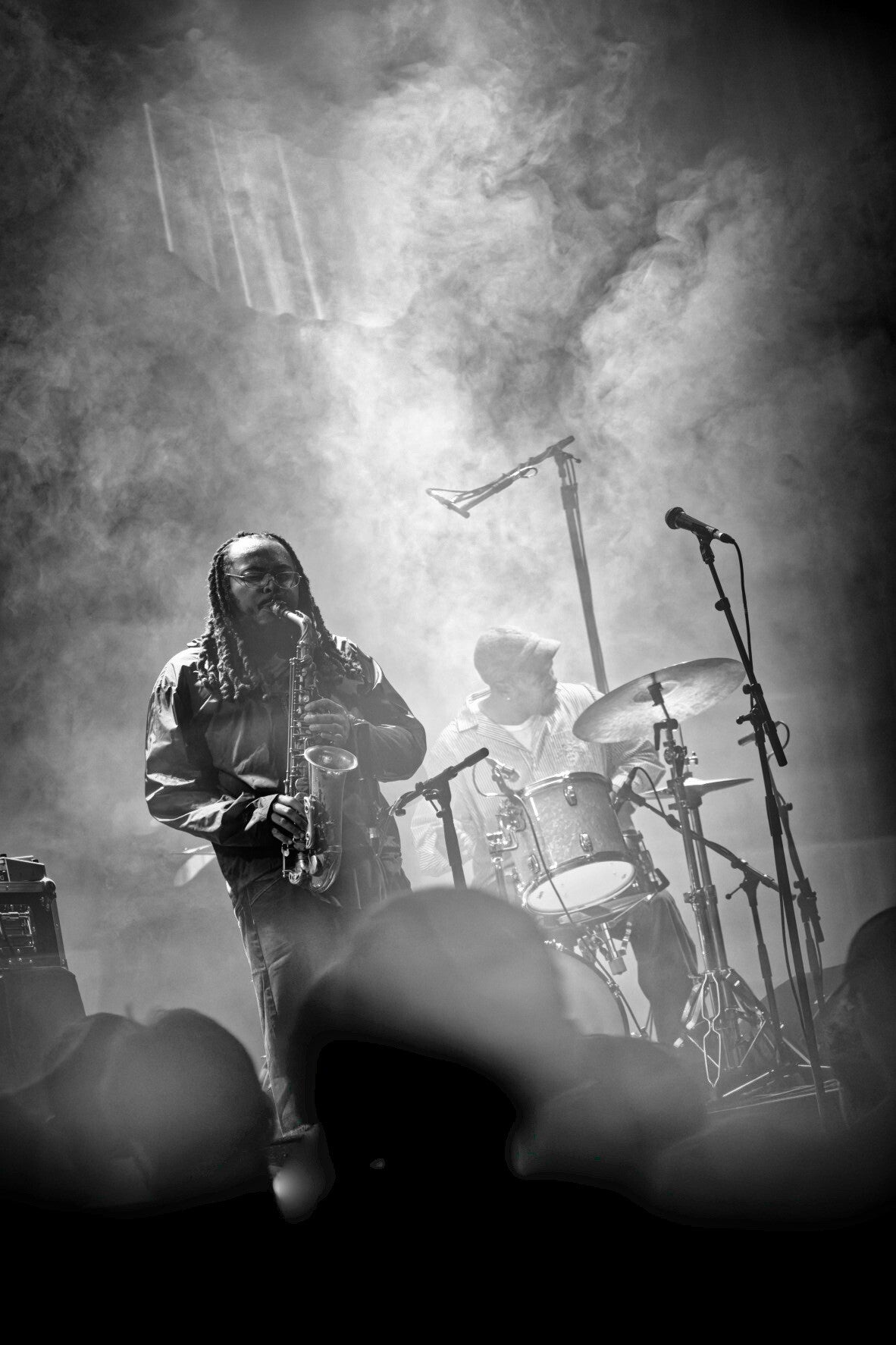 Black and white photo of jazz saxophonist Immanuel Wilkins performing live with his quartet at Jazz Middelheim 2026