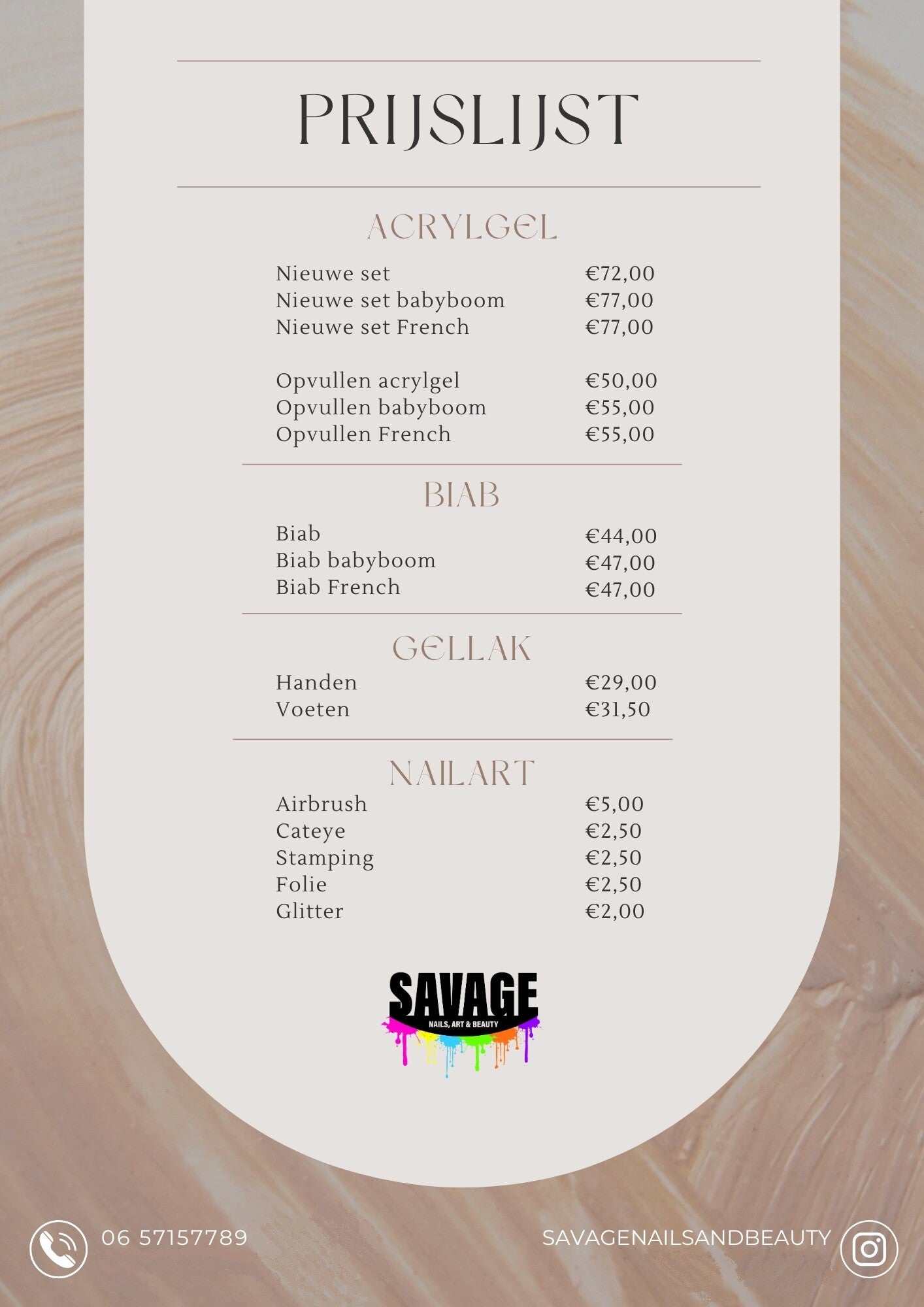 Prijslijst, nagel salon rijen, nagels, savagenails 