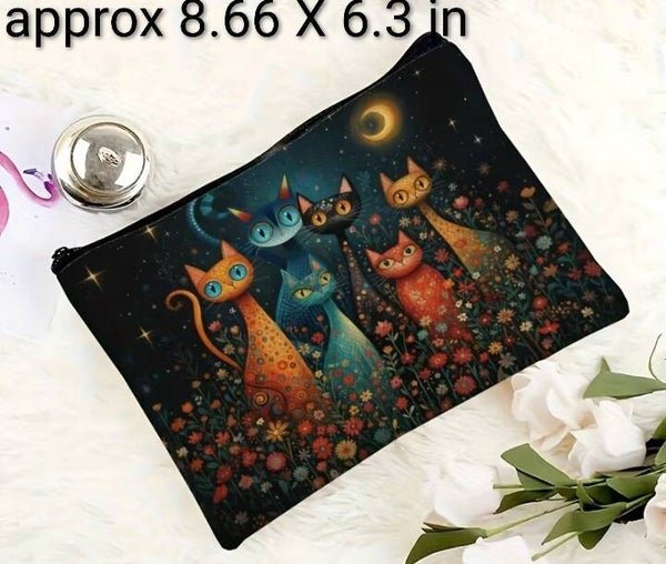 Kitties in Floral Cosmetic Bag