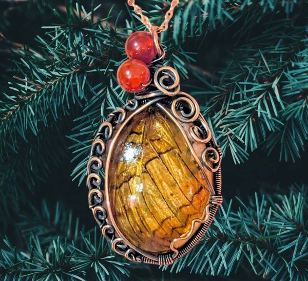 Real Butterfly Wing and Carnelian Pendant