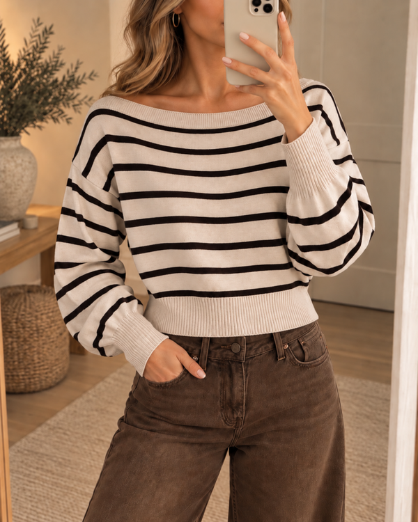 Trui: boothals streep bruin/beige
