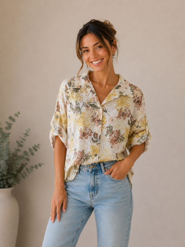 Blouse: Bloemen Geel