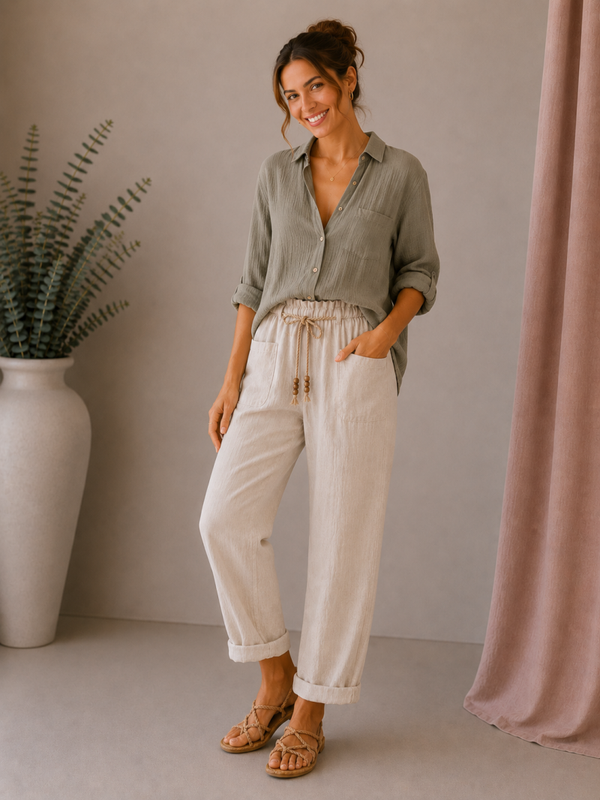 Broek: Barrel Linnen Ecru