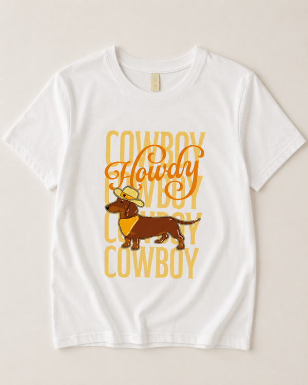 T-shirt: Teckel Cowboy Geel
