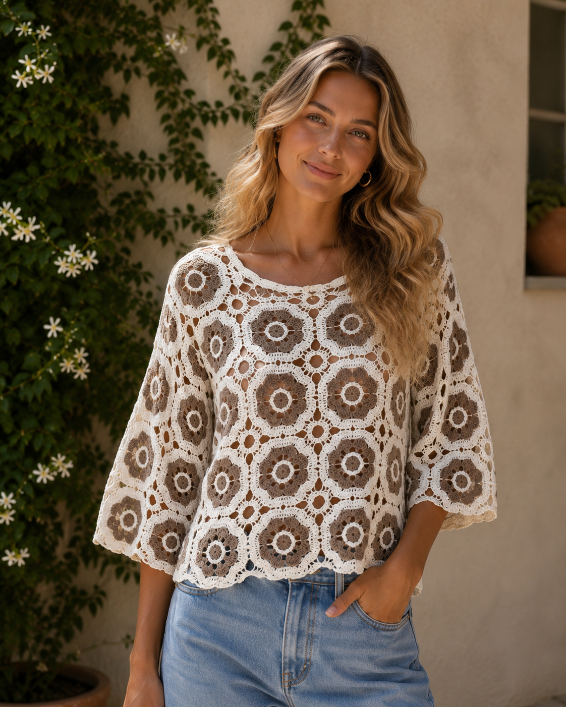 Trui: Gehaakte bloem Beige