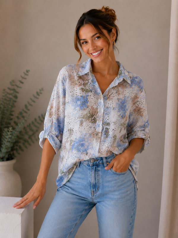 Blouse: Bloemen Blauw