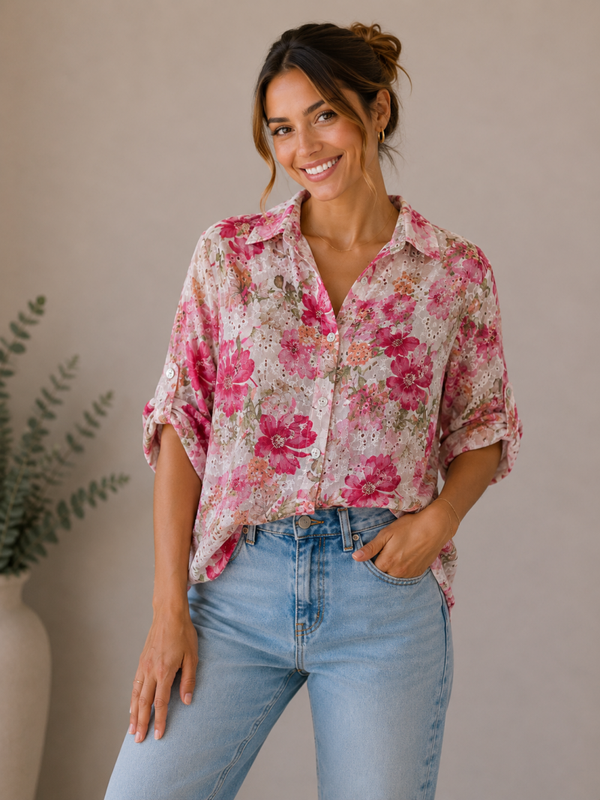 Blouse: Bloemen Fel Roze