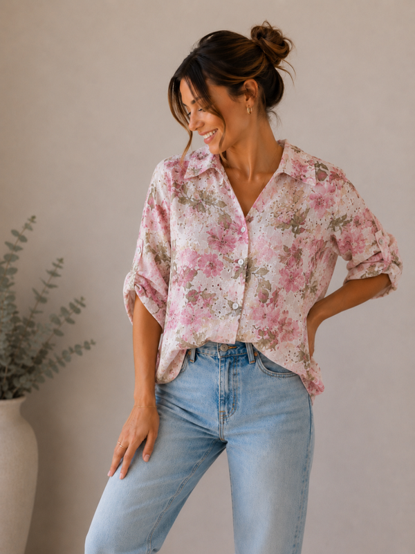 Blouse: Bloemen Zacht Roze