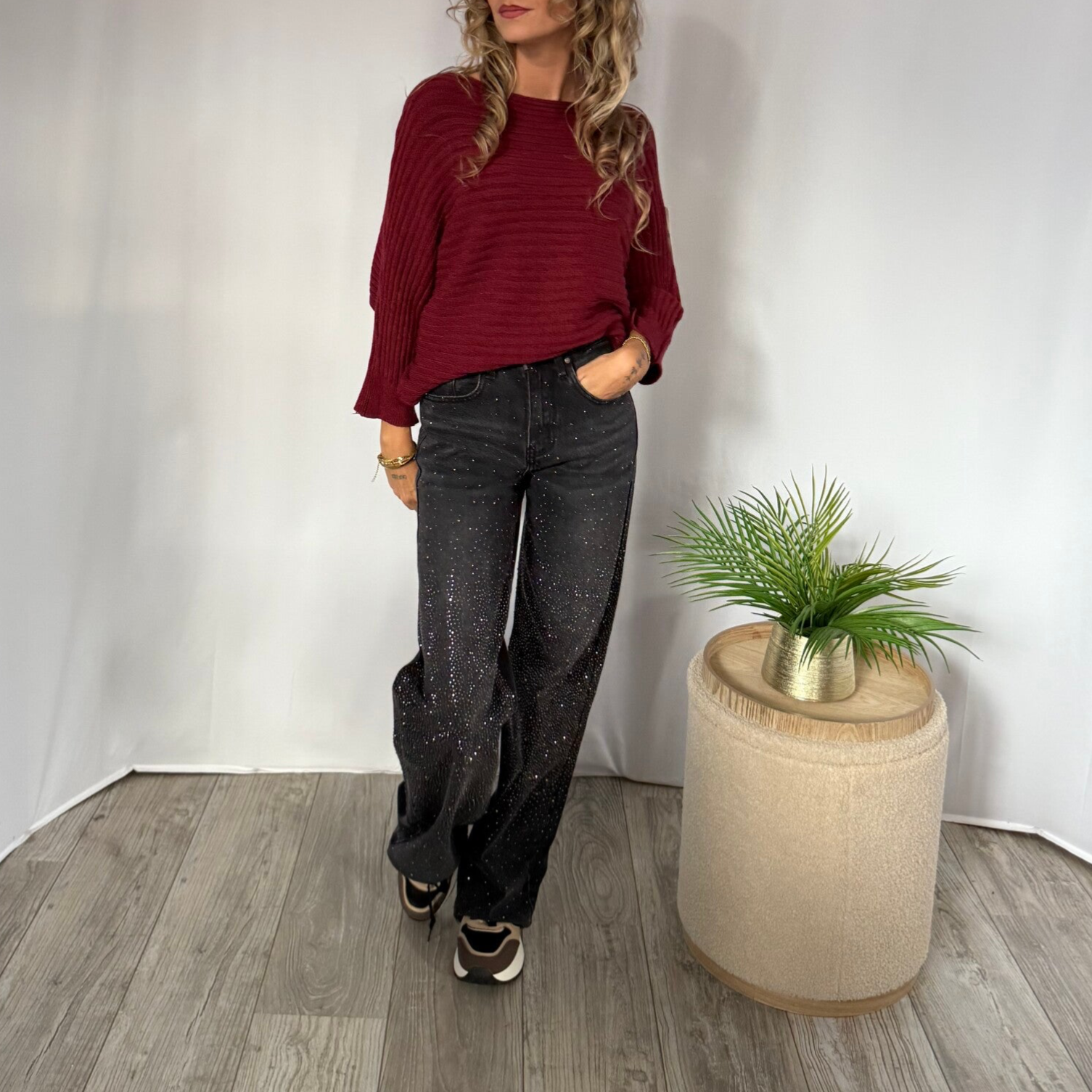 Jeans: Wide leg Studs Grijs - Stapelkorting