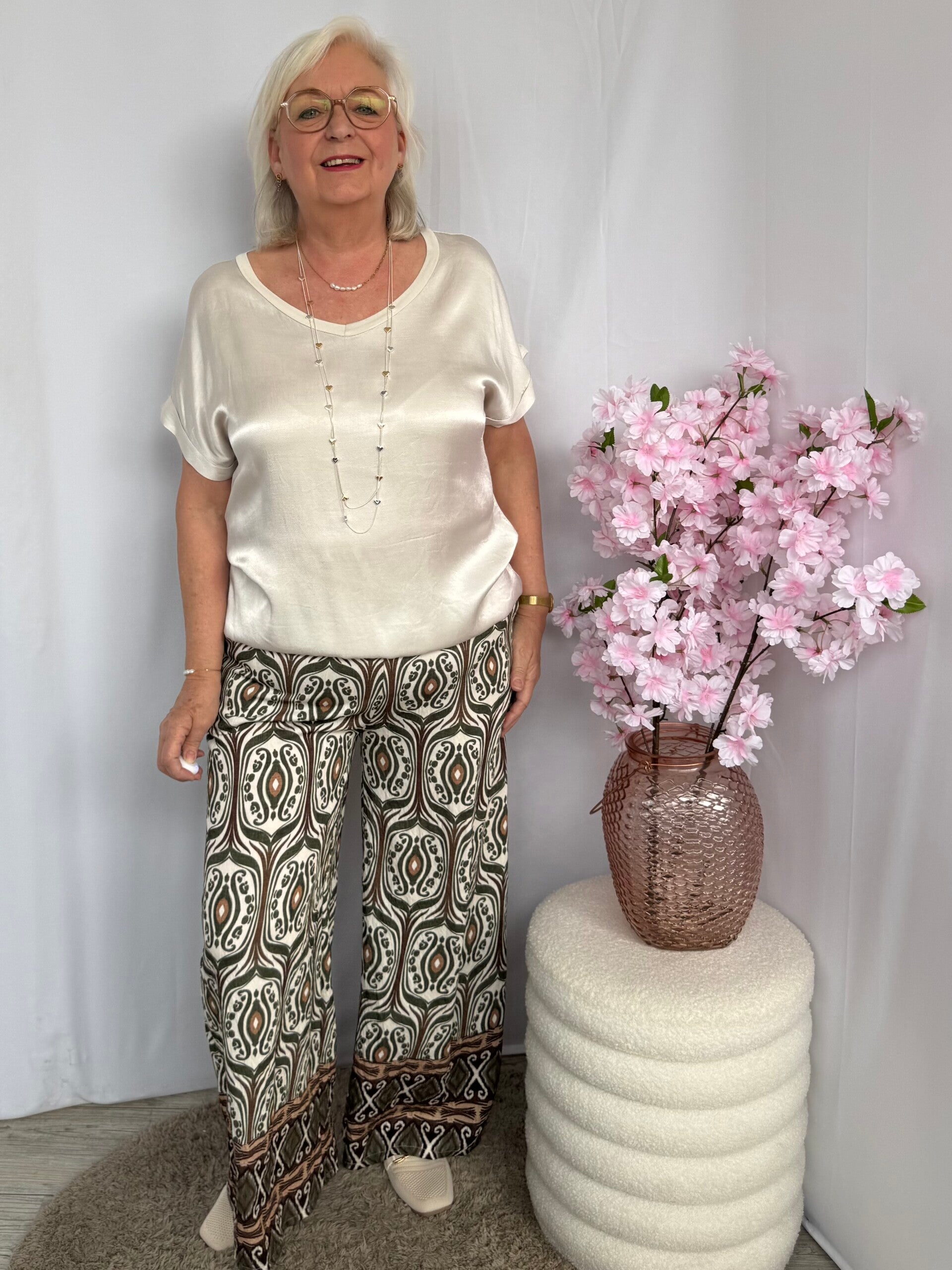 Broek: Wide leg Patroon Bruin/Groen