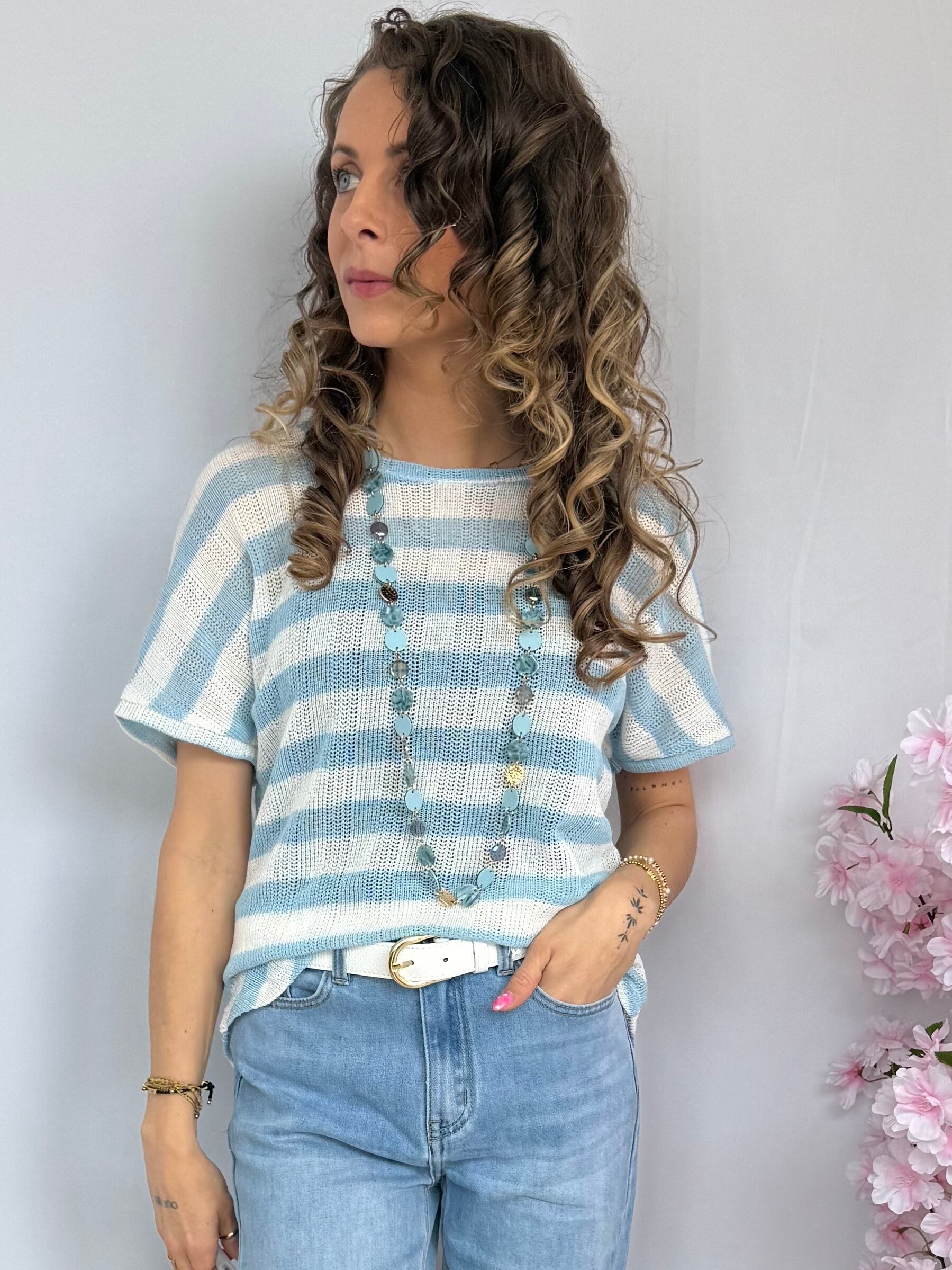 T-shirt: Candy Strip Wit/Blauw