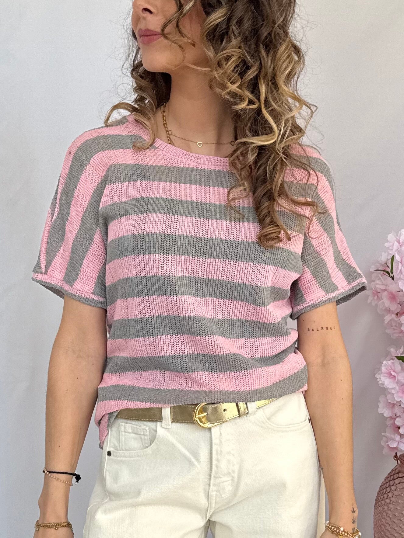 T-shirt: Candy Stripe Grijs/Roze