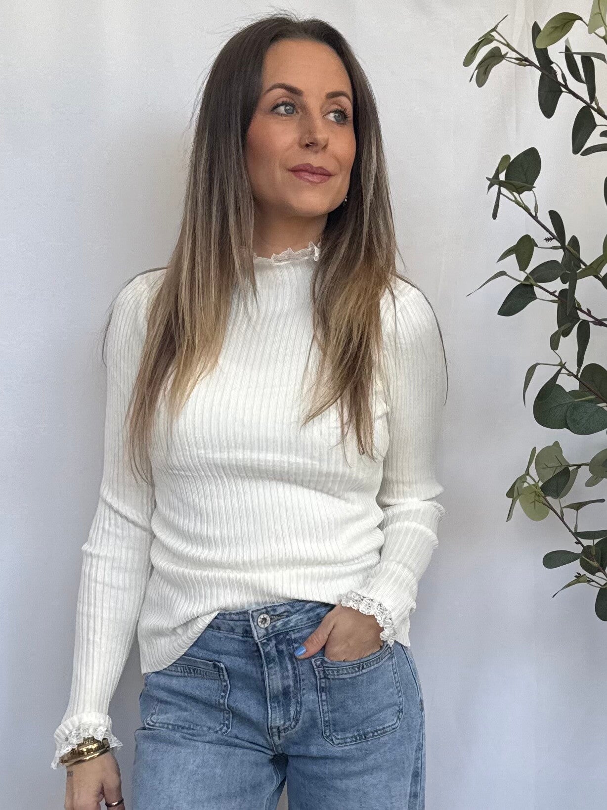 Trui: Colltrui Rib-Kant Gebroken wit