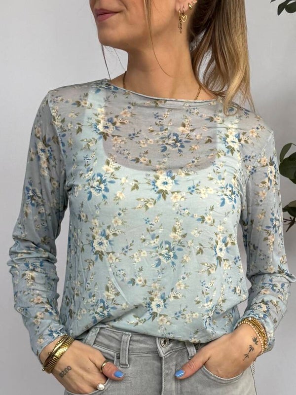 Top: Bloemenprint Licht Blauw