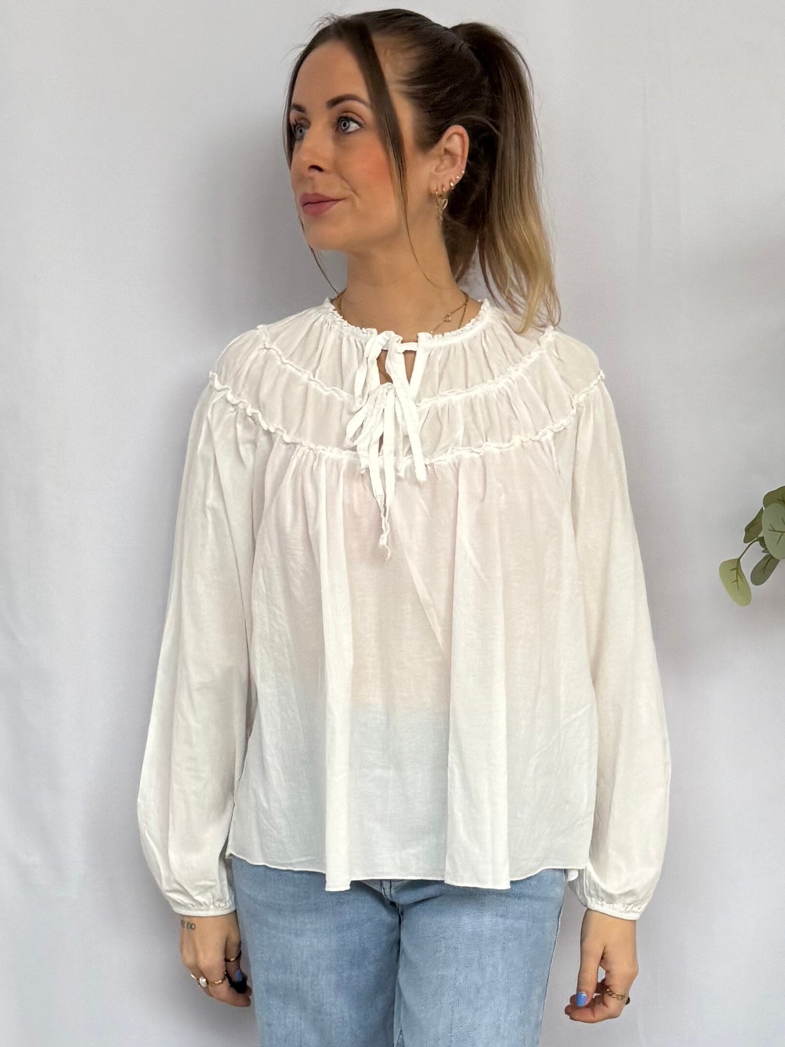 Blouse: Strikjes Wit