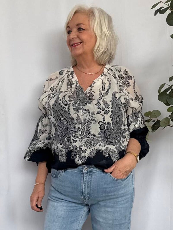 Blouse: Pofmouw Barok Donker Blauw