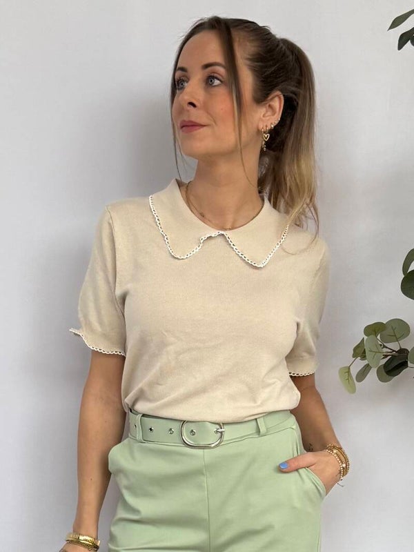 T-Shirt: Kraagje Beige
