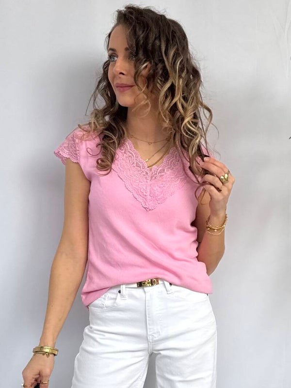 T-shirt: Kant Rib V-hals Roze