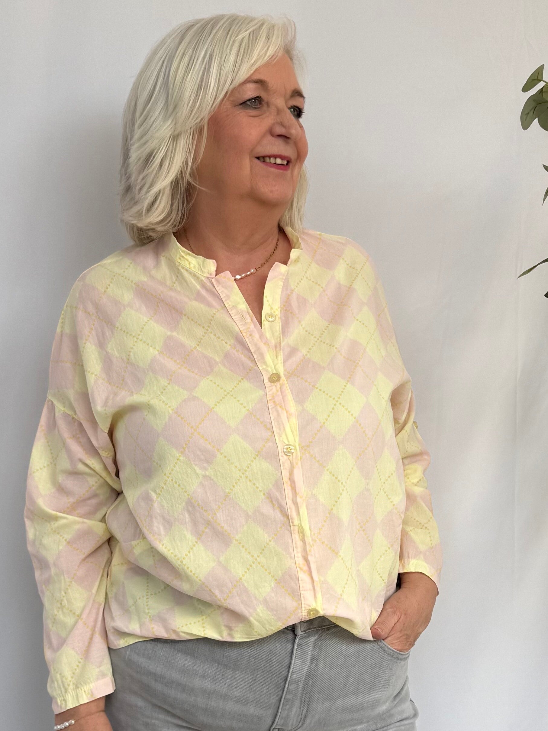 Blouse: Patroon Geel/Roze