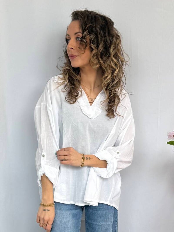 Blouse: Ruffle Kraag Wit