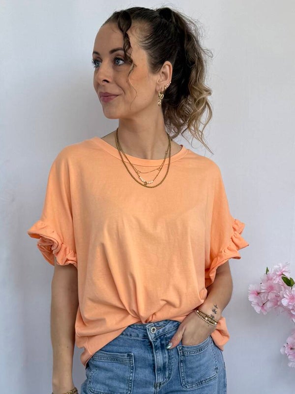 T-shirt: Ruches Mouw Koraal