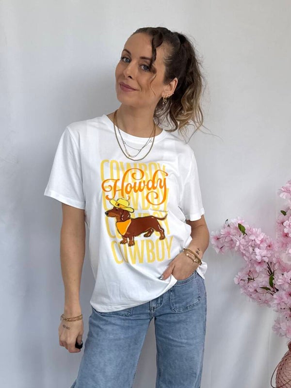 T-shirt: Teckel Cowboy Geel