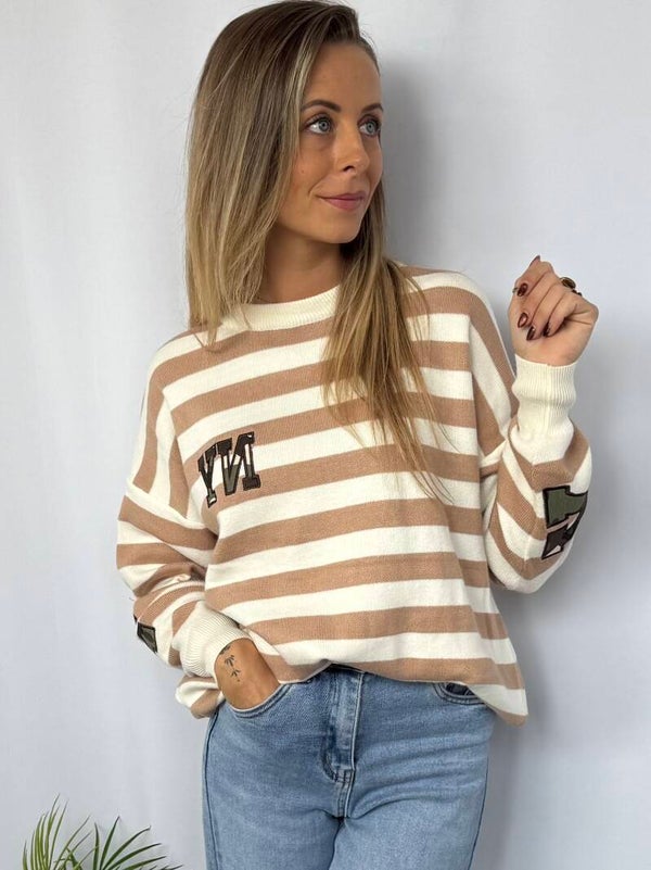 Trui: New York streep Beige - Stapelkorting