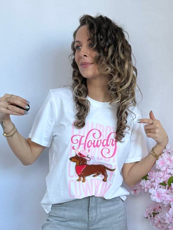 T-shirt: Teckel Cowboy Roze