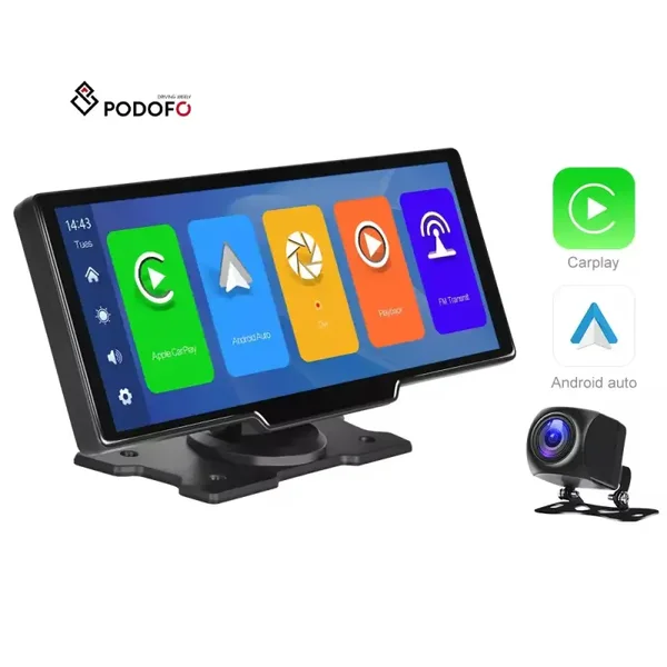Podofo 3 In 1 10.26"Draagbare Draadloze Carplay Android Auto Monitor Achteruitrijcamera Kits & Dashcam & Autoradio + 64G Kaart