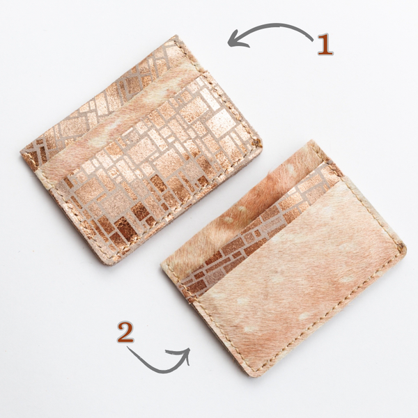 Echt leren pasjes houder - metallic roze