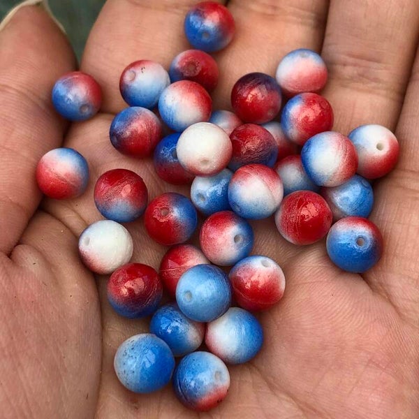 Tsjechisch glas - 8mm ronde rood wit blauwe kralen | per 25 gram